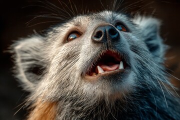 Raccoon dog showing fangs and whiskers with an alert, upward gaze