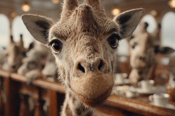 Giraffe looking close up at camera while dining at a restaurant table with other giraffes
