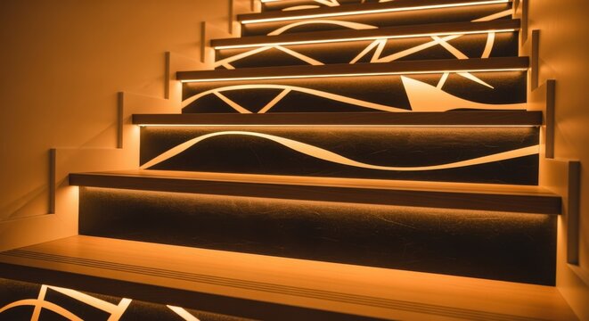 Artistic LED strip lighting patterns on stair risers adding visual interest and unique lighting effects to residential staircases.