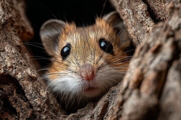 Cute field mouse peeping from its tree home, showing curiosity in nature