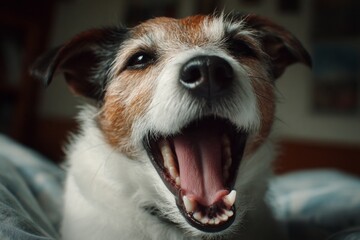 Jack russell terrier yawning, showing its mouth and teeth in a close-up