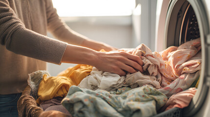Person loading colorful laundry into front-loading washing machine at home, showing daily washing routine, fabric care and household maintenance in natural light