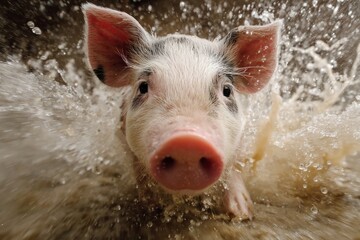 Piglet enjoying playful activity, splashing water and mud