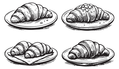 Hand drawn line art croissant set featuring various croissants on plates, one topped with almonds, for bakery and breakfast menus