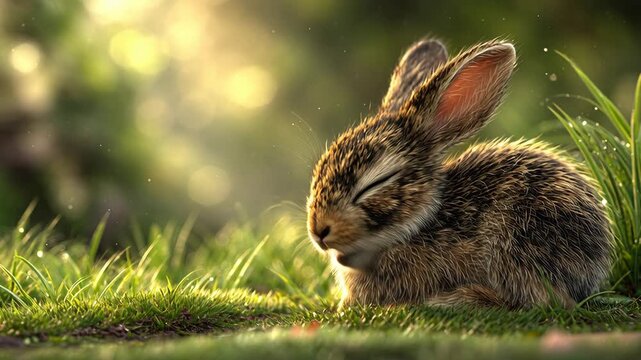 Sleeping baby rabbit cute bunny on sunlit grass nature background