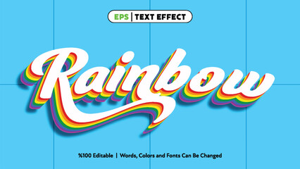 Colorful retro rainbow text effect with layered rainbow shadows on bright blue background for vibrant typography design vector art style