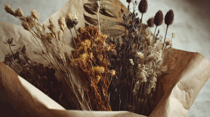 Bouquet of dried and wilted flowers wrapped in craft paper, symbolizing the passing of love, emotional detachment and anti-Valentine&rsquo;s mood in rustic aesthetic
