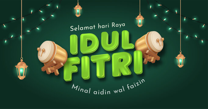 Eid ul Fitr Greeting Banner with Bedug Drum, Lanterns, Green Background, and Selamat Hari Raya Message. Idul Fitri Translation : Eid ul Fitr
