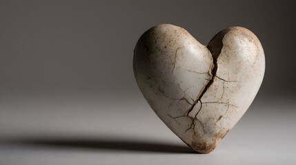 Cracked ceramic heart standing on neutral background, symbolizing emotional fragility, heartbreak and the symbolic aftermath of love or post-Valentine pain