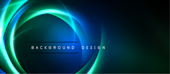 Abstract neon circles, vibrant blue, green hues. Dark background creates dramatic visual effect. Text reads background design.