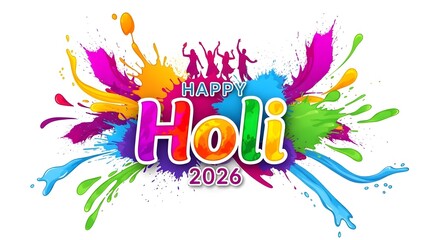 Happy holi 2026 festival celebration colorful splash of colors silhouettes of people dancing