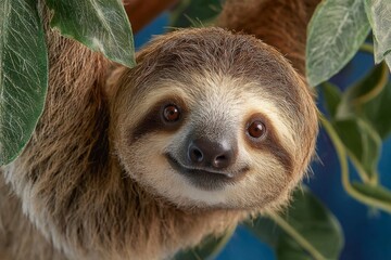 Obraz premium Sloth with a content expression hanging from a tropical tree branch