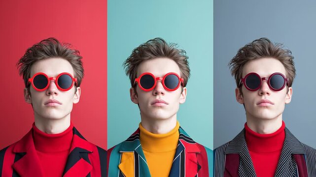 Trendy fashion trio: young man in bold outfits and round sunglasses against colorful backgrounds