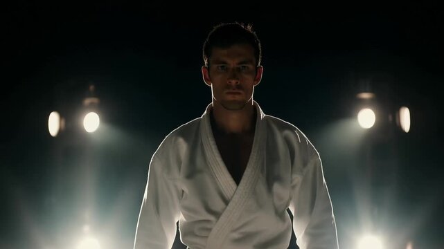 Martial artist prepares for competition in training hall at night with bright lights shining
