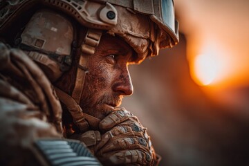 Dirty soldier in combat helmet and uniform looking thoughtful at sunset