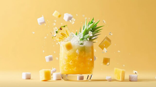 Refreshing pineapple juice splash with ice cubes and sugar on yellow background
