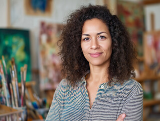 Woman painting in a vibrant art studio with colorful paintings and various brushes. Ideal for art related designs and creatives.