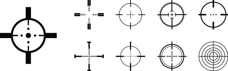 Minimalist black target icon set with crosshair, reticle, and scope designs in flat vector style isolated on white background
