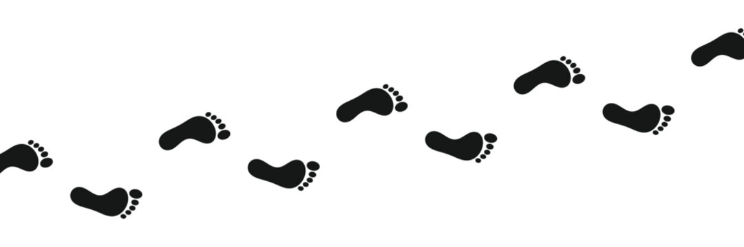 Minimalist black footprints pattern walking diagonally across white background vector flat design seamless tile illustration simple monochrome track theme
