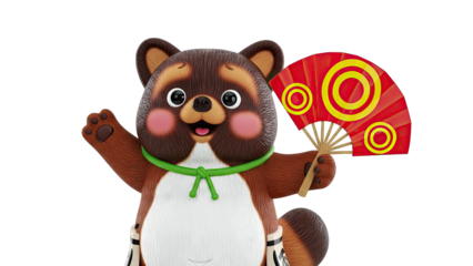 Cartoon Tanuki Holding a Red and Yellow Fan