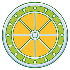 Obraz premium Stylized cartoon wheel with yellow spokes and green decorative rim