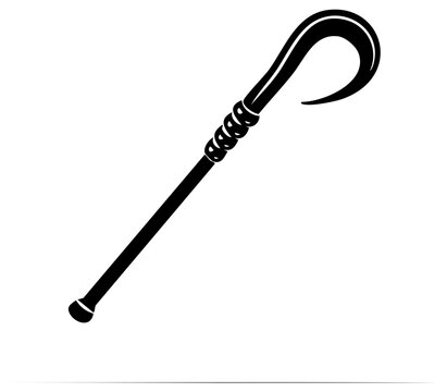 Black walking stick illustration with hook handle and spherical bottom for mobility assistance tool