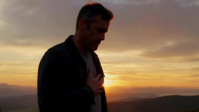 Man walks alone on mountain during sunset in natural landscape