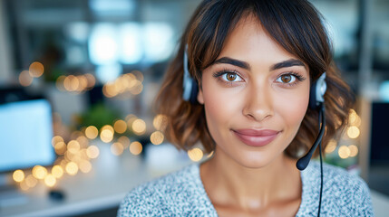 Woman with a headset, working in a vibrant office environment, perfect for business related designs, technology blogs, and customer service visual content.