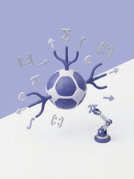 Abstract neuron model with mathematical symbols and robotic arm, representing AI and data processing