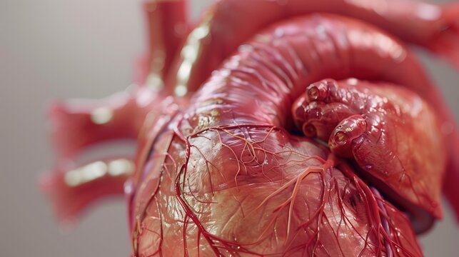 3D biomedical CGI render of the human heart and aorta, anatomical proportions associated with Marfan syndrome, detailed vascular structures, realistic materials
