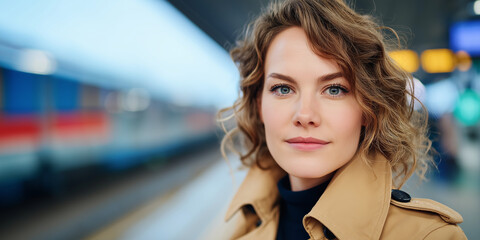 Woman with curly hair at train station platform. Suitable for transportation, travel, urban lifestyle, public transit, commuter concepts in design.