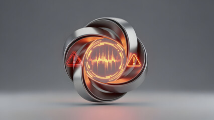 Glowing Orange Metallic Sphere with Warning Symbols.