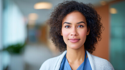 Kind curly haired woman in medical scrubs, suitable for healthcare and medical themed designs or promotions targeting a diverse professional audience.