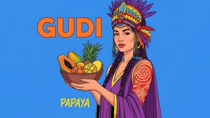 Woman in colorful attire holding a bowl of tropical fruits against blue background