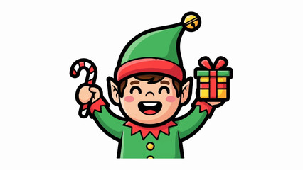Cheerful cartoon elf in green suit holding candy cane and gift box