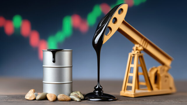 Pumpjack with oil drum and stones in front of a financial chart background