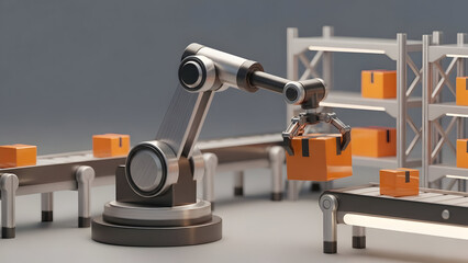 Industrial Robot Arm Handling Orange Containers.