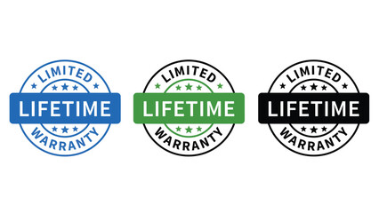 Obraz premium Three colorful lifetime warranty stamps on a white background