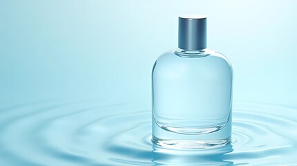 Clean Beauty Skincare Bottle with Water Ripples on Pastel Blue Background, Hydration Concept, Modern Cosmetic Advertising