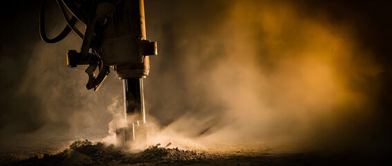 Heavy industrial drill breaking ground in dusty golden light
