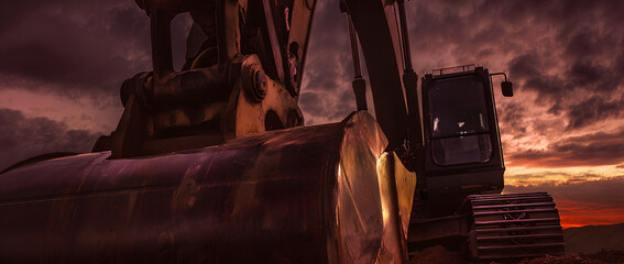 Heavy excavator bucket and cab against dramatic sunset sky