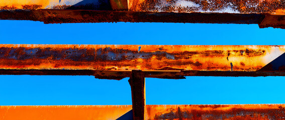 Abstract View of Corroded Metal Beams Against Blue Sky