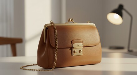 温かい日差しとデスクランプに照らされた上質な茶色革ハンドバッグ モダンな空間に映えるレトロなデザイン. AI Generated