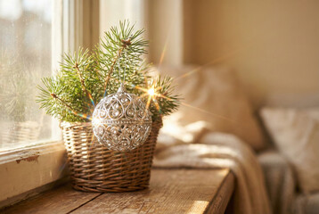 Close-up of silver openwork Christmas ball hanging on pine branch. Winter holiday decoration on wooden window sill