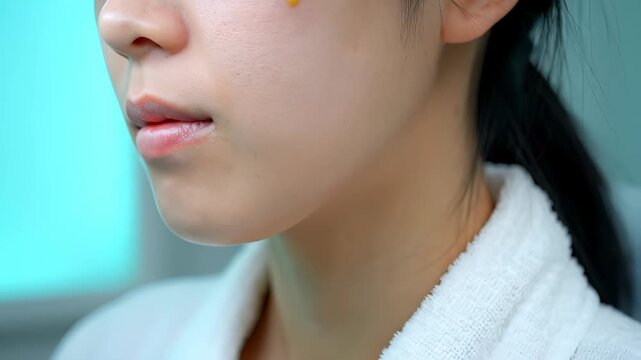 Woman shows acne pimple on face in bathroom. Skin problem with acne visible on woman cheek. Face closeup reveals pimple and skin condition. Woman with acne examines face skin in bathroom mirror.