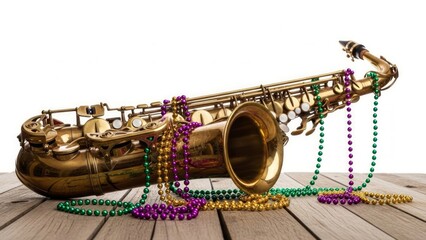 Close-up of a saxophone with Mardi Gras beads on a wooden base against the warm lighting of a jazz club. AI generated.