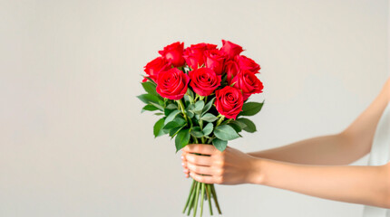 Person holding a lush bouquet of vibrant red roses presented against a soft neutral background.