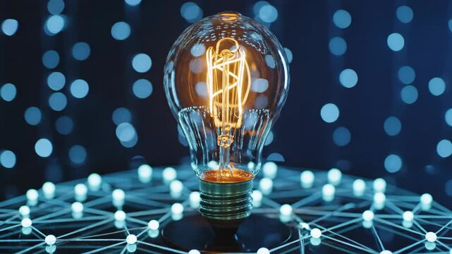 Glowing filament bulb with network connections and bokeh lights