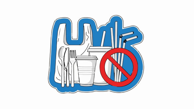 Cartoon illustration of disposable plastic items with a prohibition sign