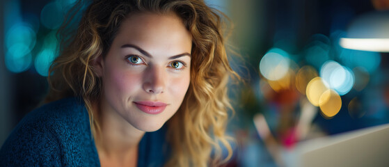 Woman with curly hair against a bokeh background.  Portrait of a woman with curly hair set against a blurred bokeh background. Suitable for beauty, lifestyle, and fashion designs.
